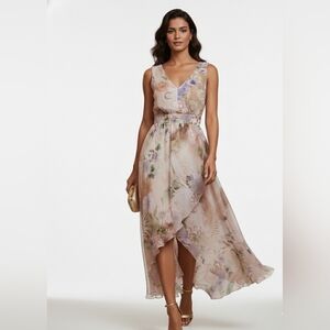 ZARA Floral Crane Print Maxi Dress - V-Neck Asymmetrical Hem - Size XL